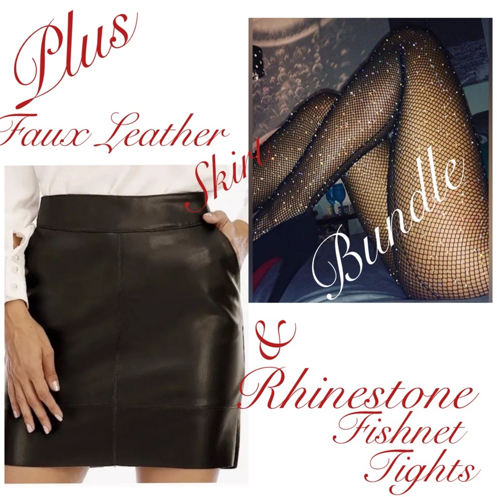 Black Faux Leather Skirt and Rhinestone Fishnet Tights Bundle